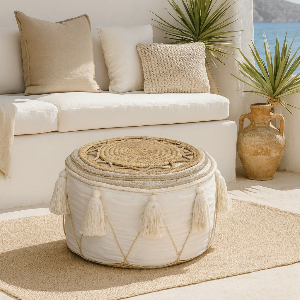 Pouf Rond en Halfa & Tissu Écru – Pompons et Tressage Naturel – Fait Main