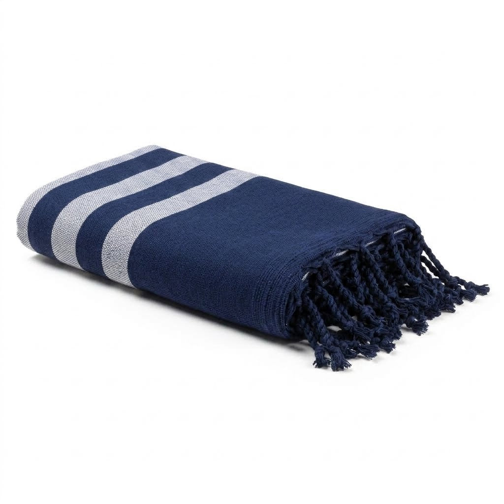 Fouta éponge bleu marine rayée