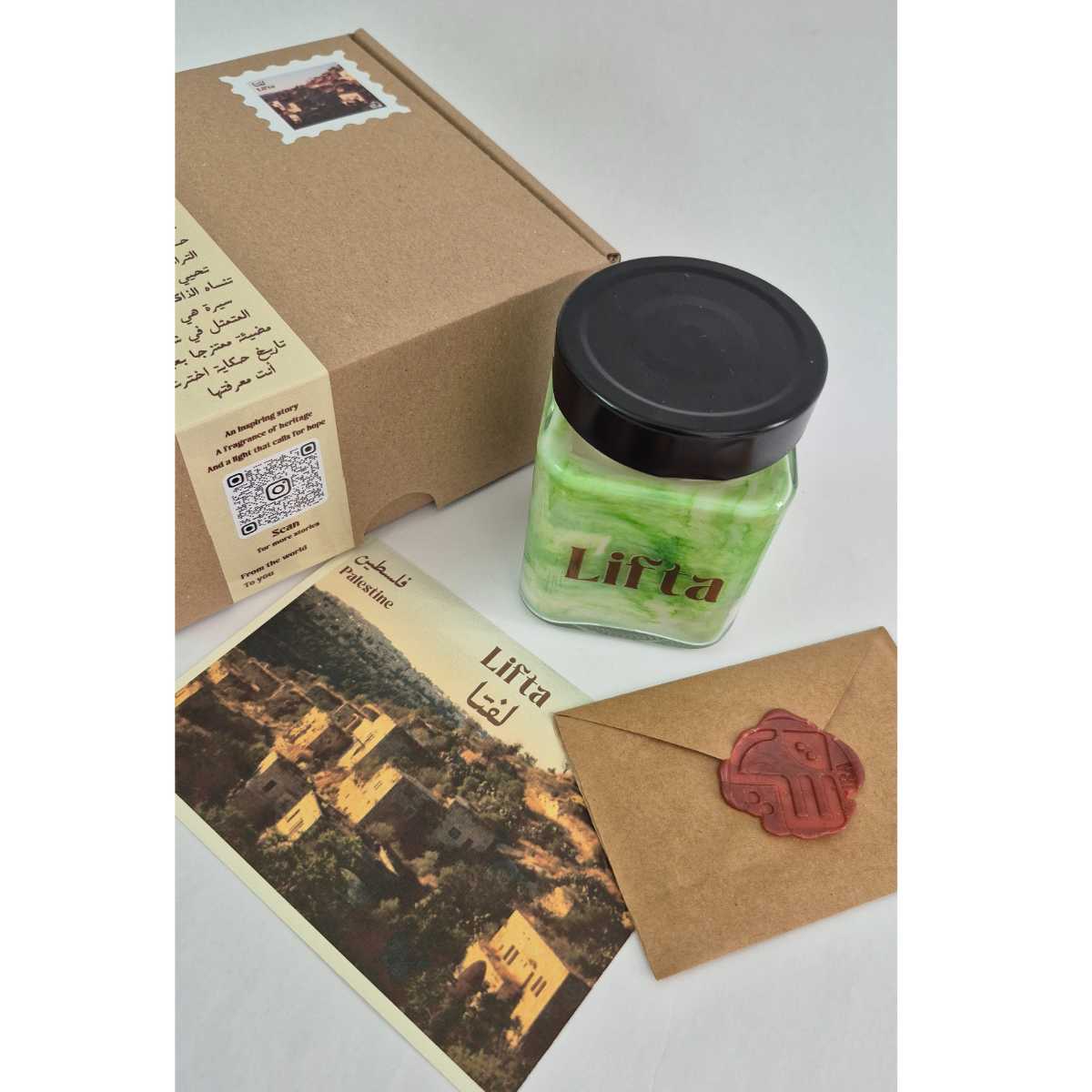 Bougie "Lifta" avec carte postale et enveloppe photos : Une histoire de Palestine