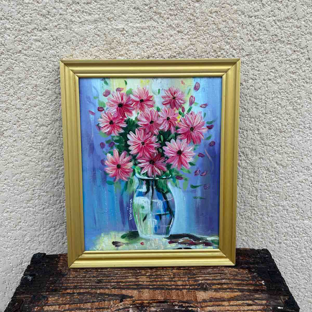 tableau floral unique en acrylique cadre vintage 1980 27x34 cm