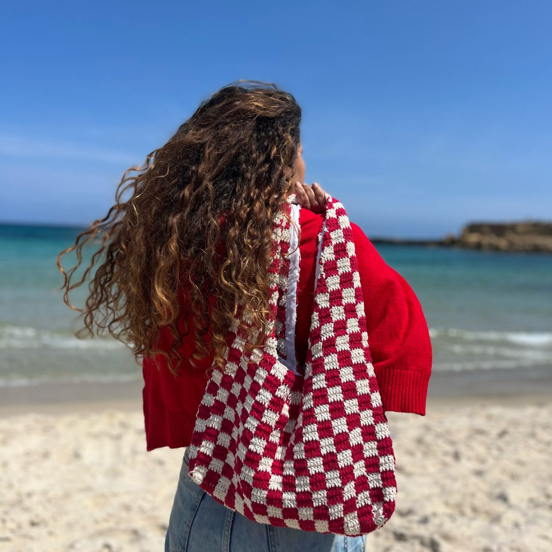 Tote bag vichy rouge et blanc fait main unique et éthique