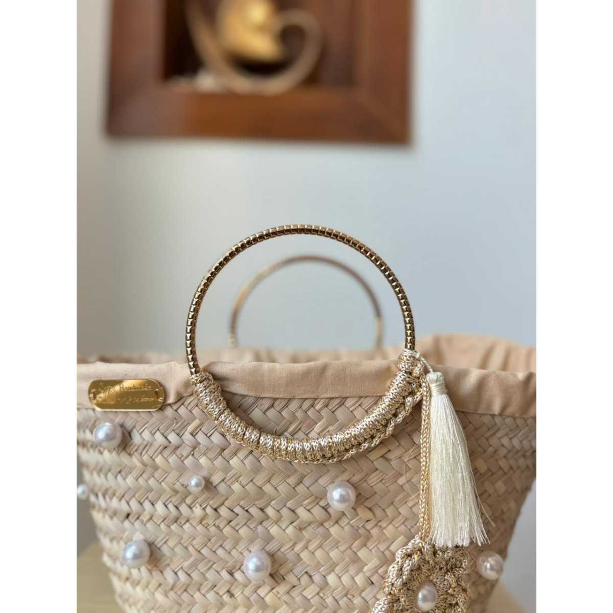 Couffin paille beige décoré de perles et crochet premium