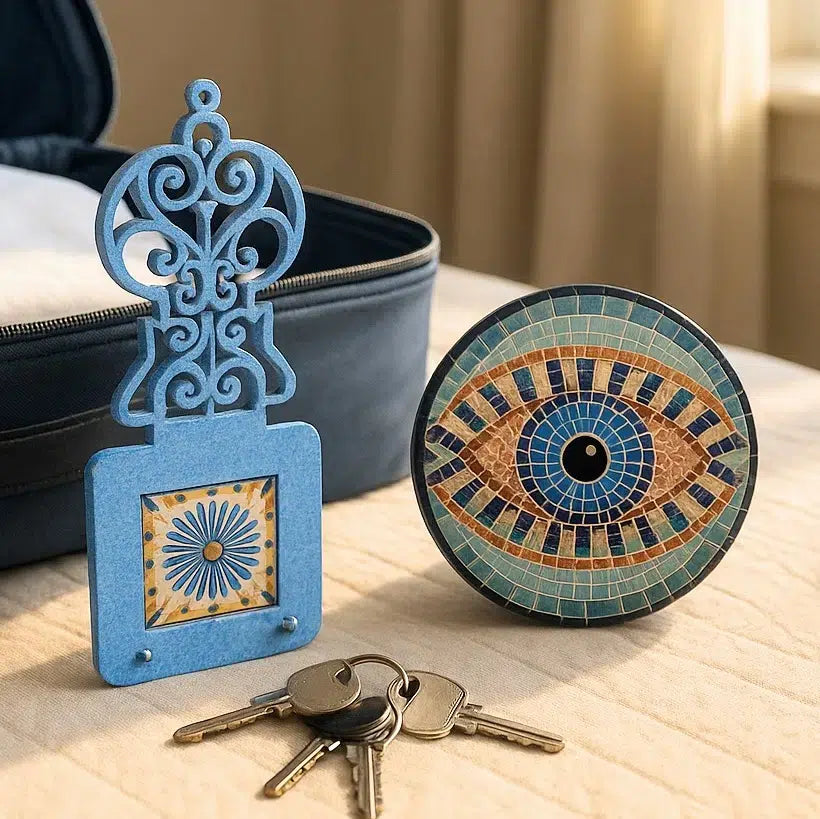 Bouton œil bleu protecteur en bois avec revêtement en papier peint design mosaïque