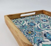 Plateau bois d'olivier et céramique bleu ciel 30x20 cm premium