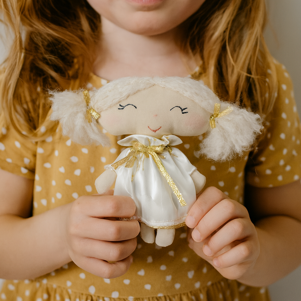 Doudou poupée en tissu – Avec sa robe blanche satinée et rubans dorés