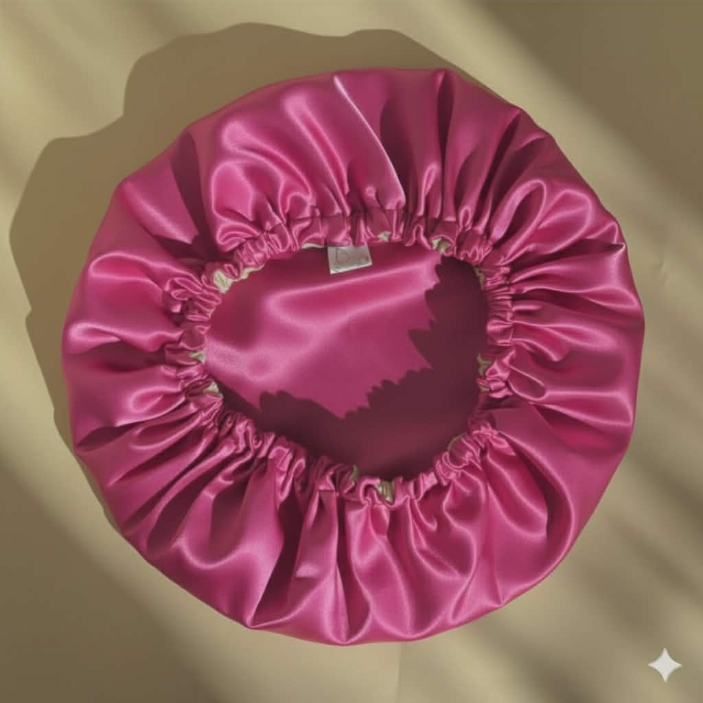 bonnet satin rose fushia réversible pour protéger vos cheveux