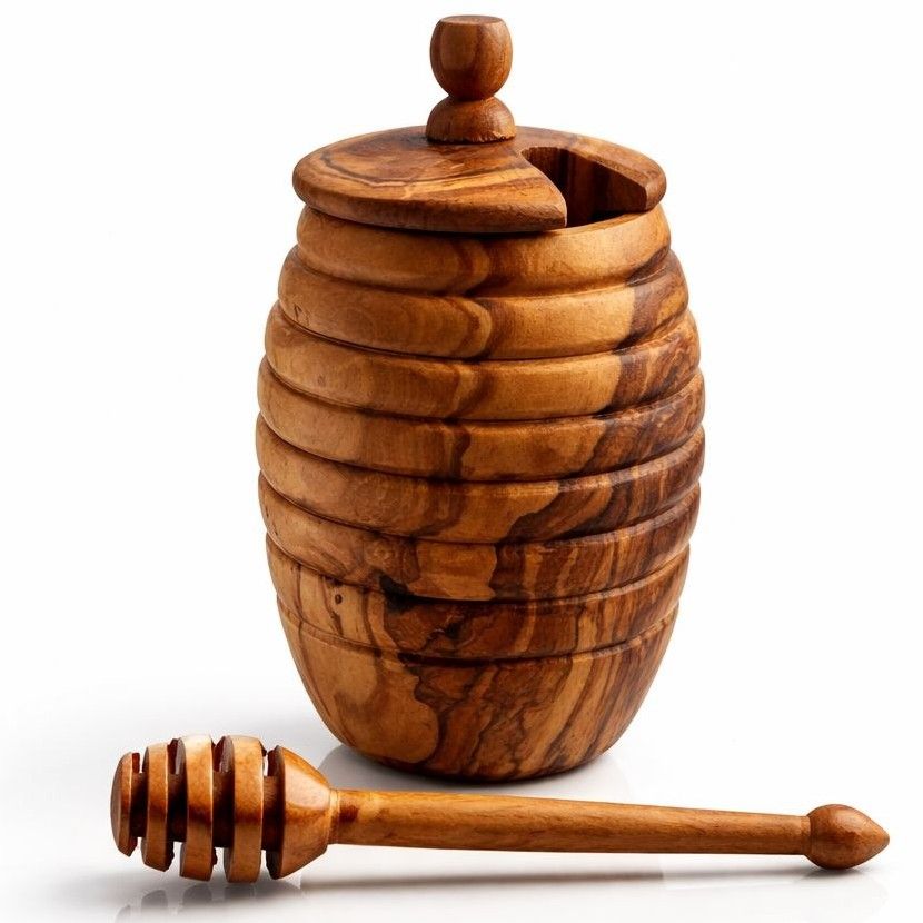 Pot à miel artisanal en bois d'olivier avec cuillère premium