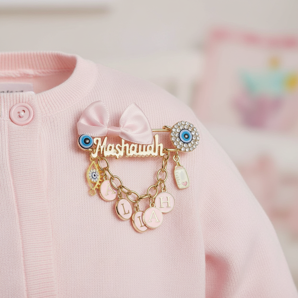 Broche Mashallah Bébé Fille Rose - Acier Inox et Zircon