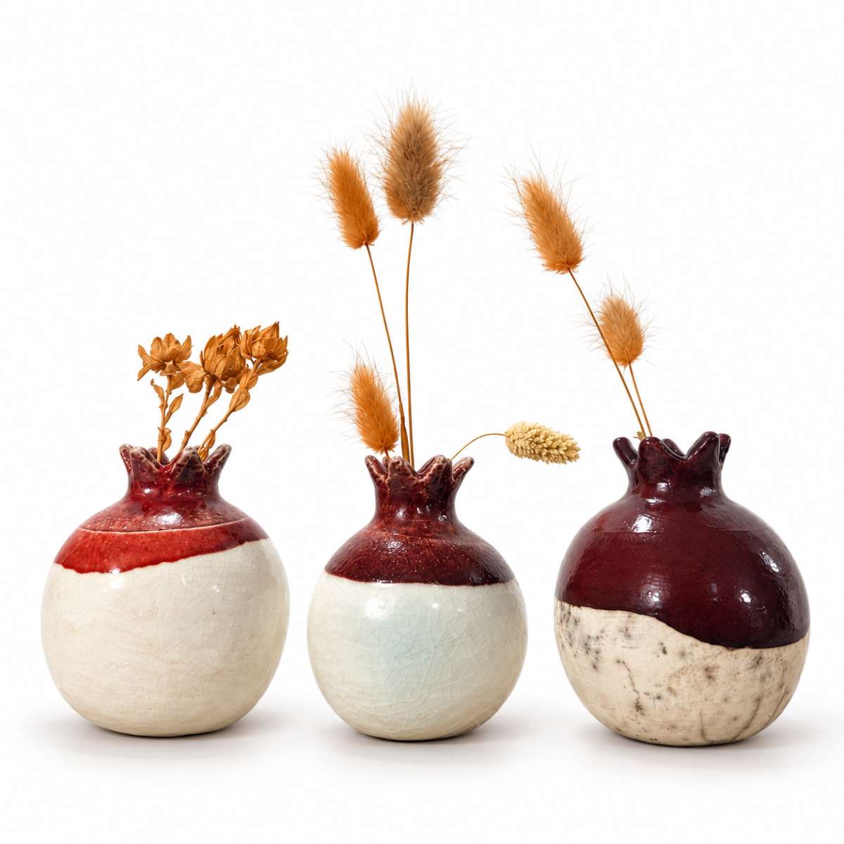 Vases céramique trio de grenades bicolore unique en Raku