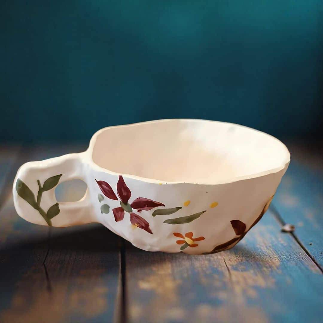 Tasse céramique artisanale avec motifs floraux peints à la main (9 x 6 cm)