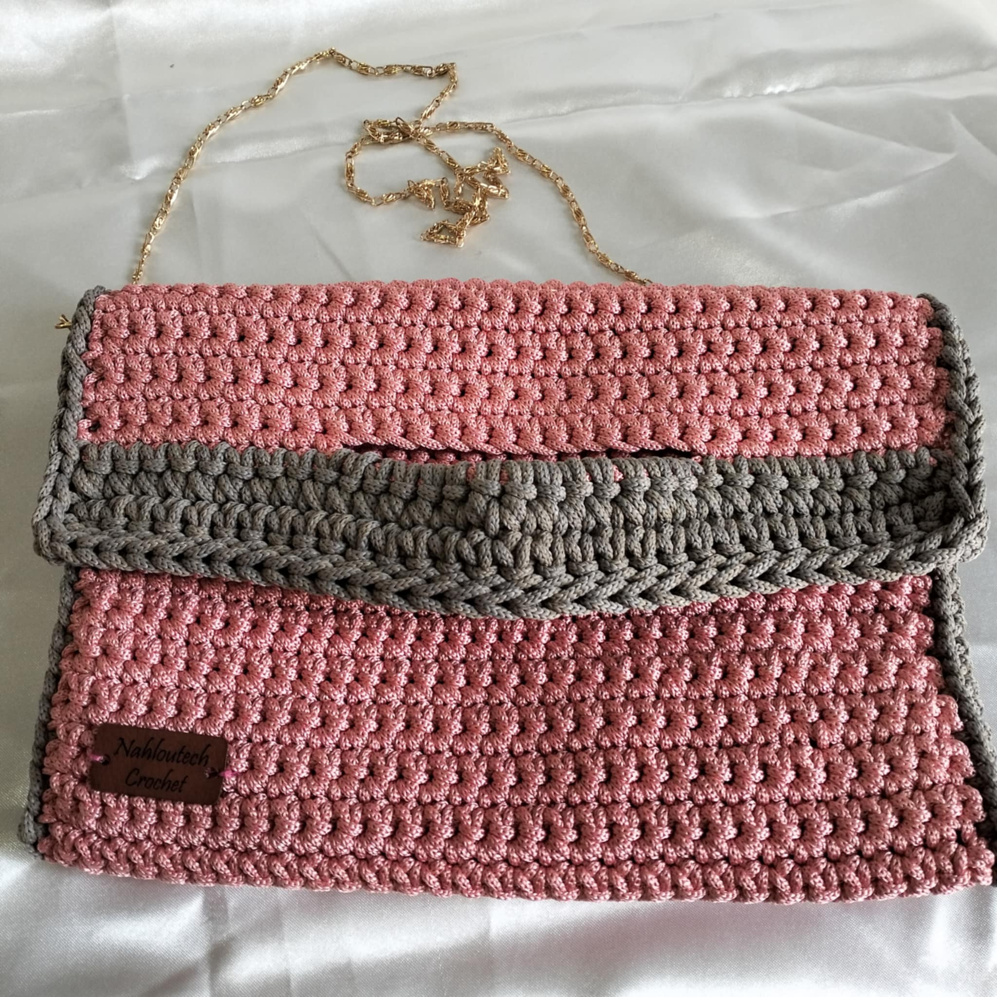 SAC au crochet rose avec touche gris fait à main très chic pour femme : fil macramé selsla