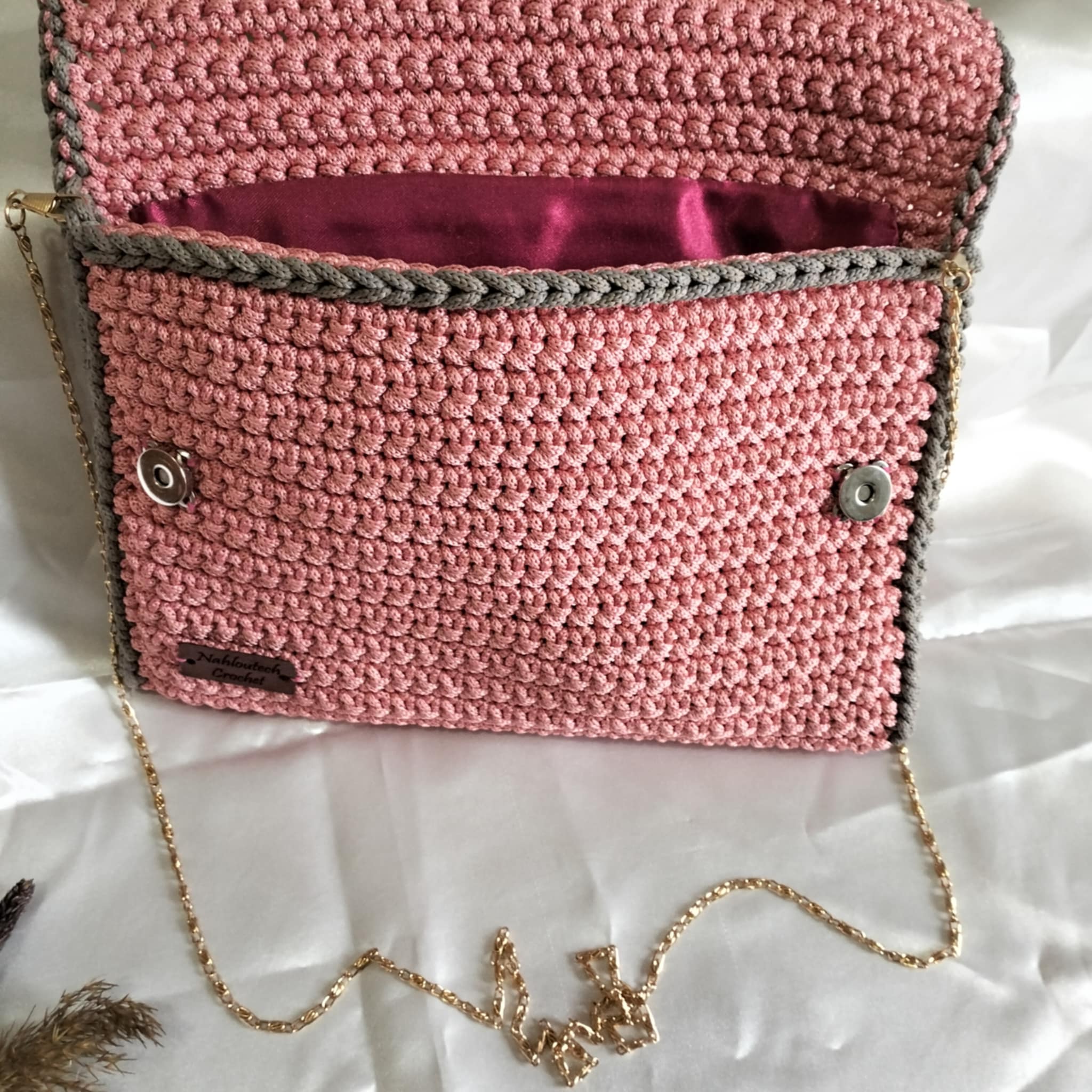 SAC au crochet rose avec touche gris fait à main très chic pour femme : fil macramé selsla