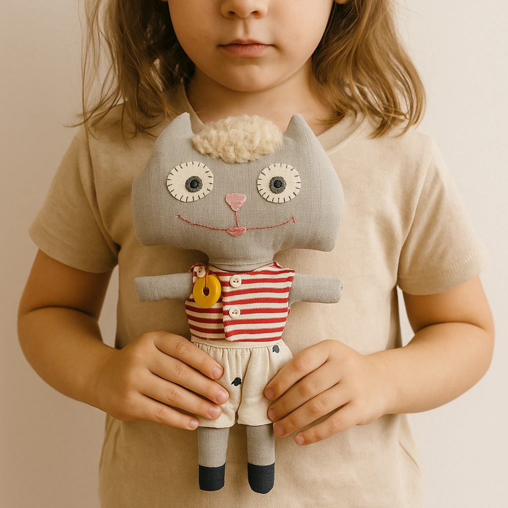 Doudou chat en tissu avec tenue rayée rouge et blanc et short brodé