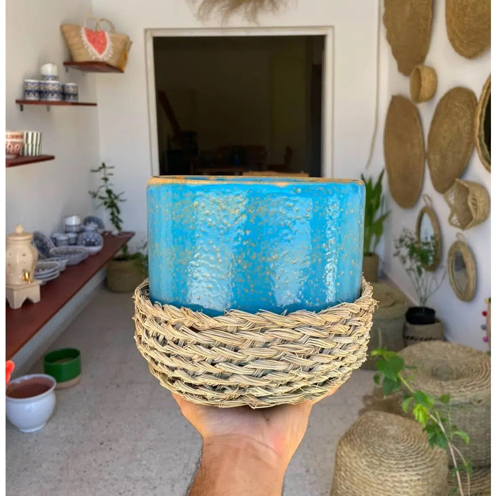 Pot céramique haut de gamme avec cache en Halfa 16x19 cm S