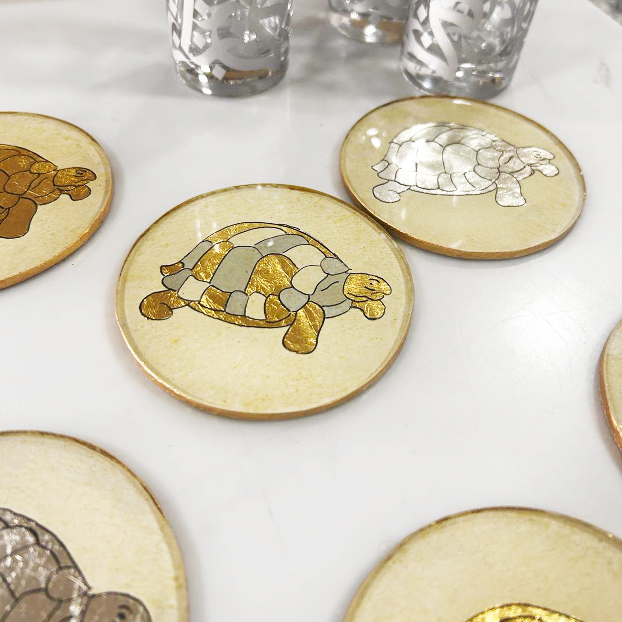 Coffret précieux - 6 dessous de verre " TORTUES " - Feuille d'or et d'argent