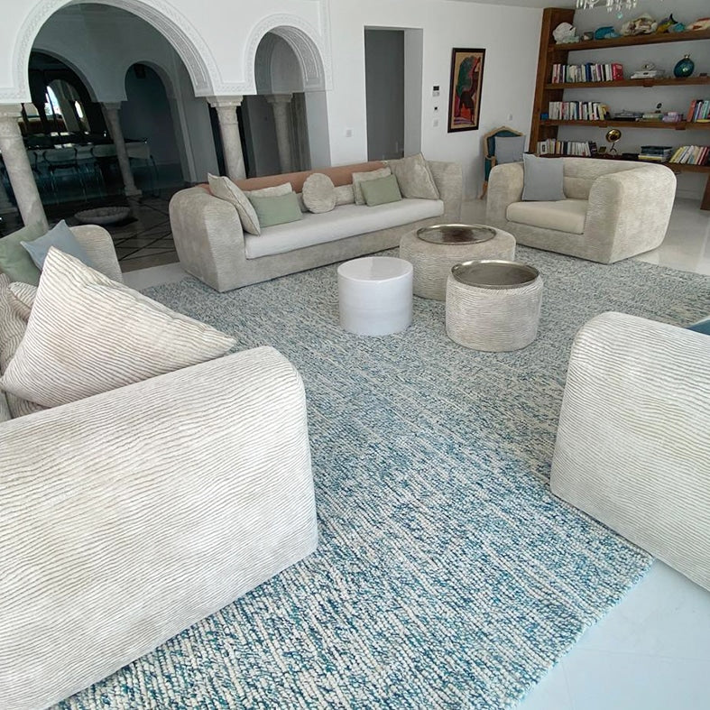 Tapis bouclette BLUE CURL en laine naturelle – Personnalisable en Coton ou Soie végétale