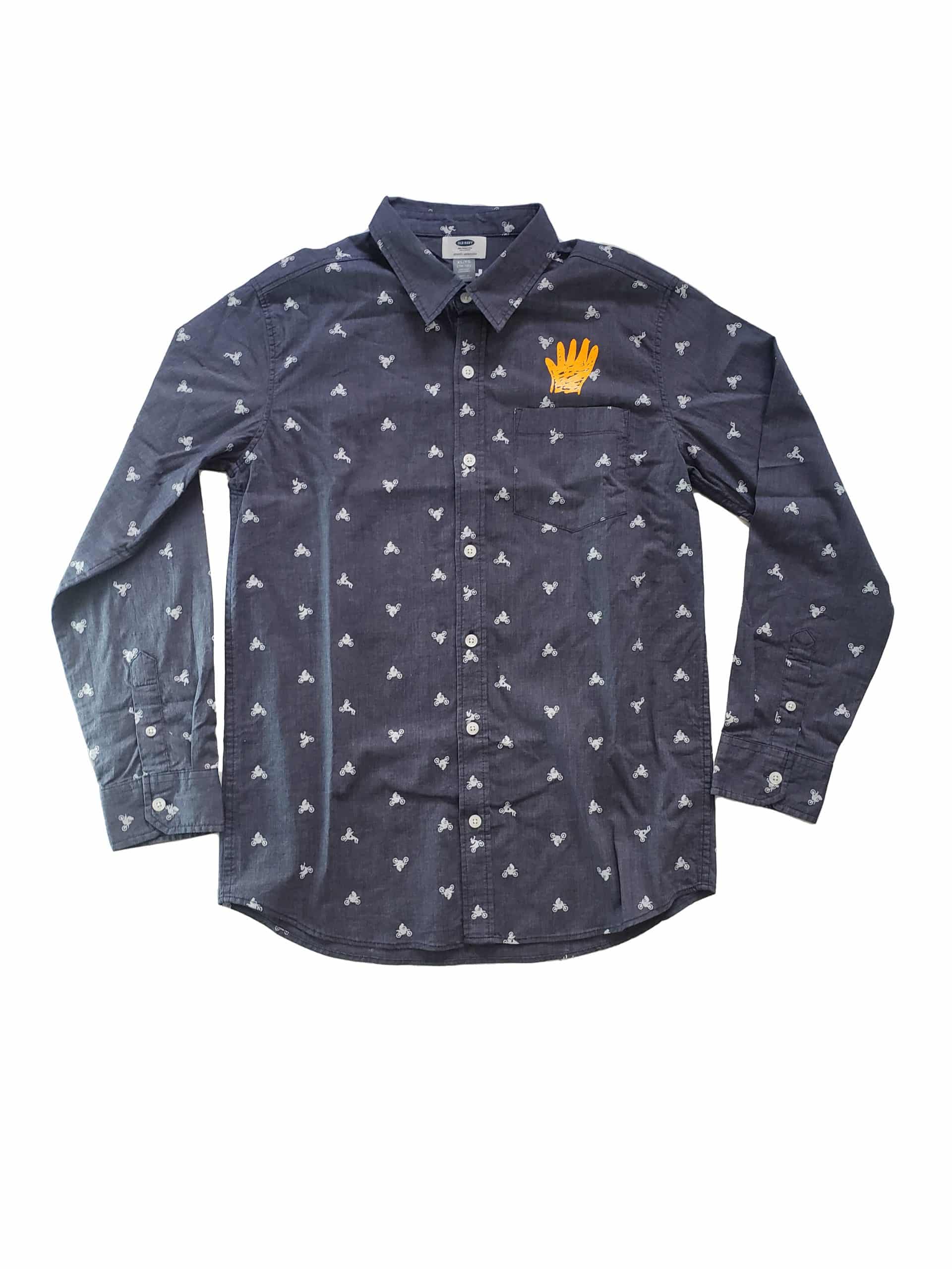 Chemise upcyclé à motifs de moto avec sérigraphie main