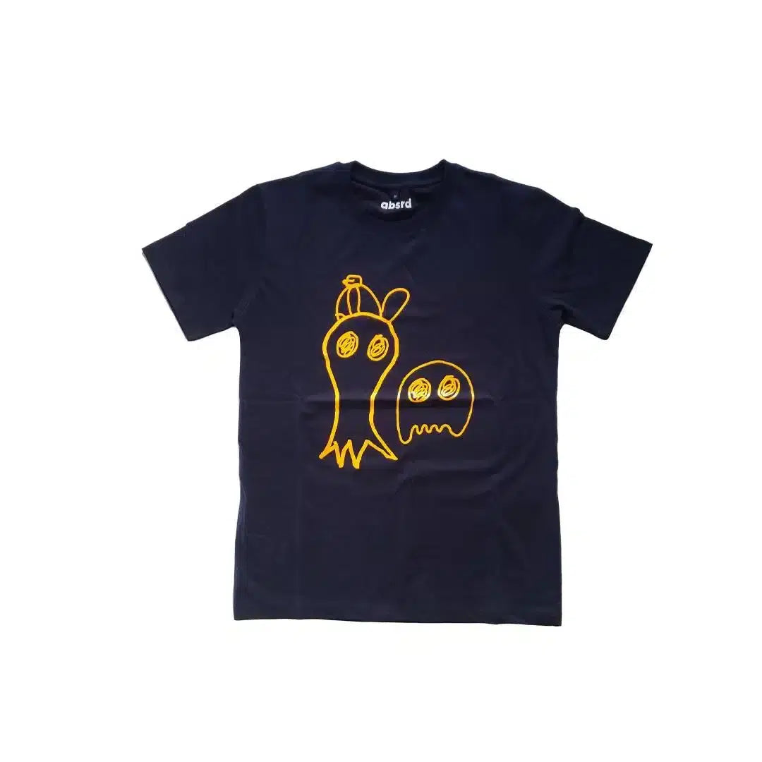 Tshirt upcyclé bleu marine avec sérigraphie fantôme en fluo jaune