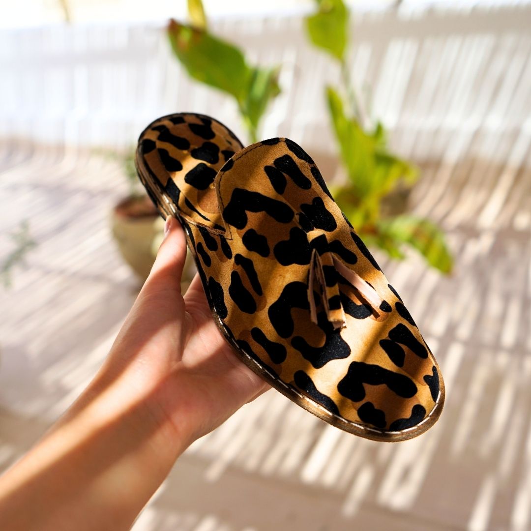 Slipper “Fawn” unisex leopard leather, upcycled balgha 