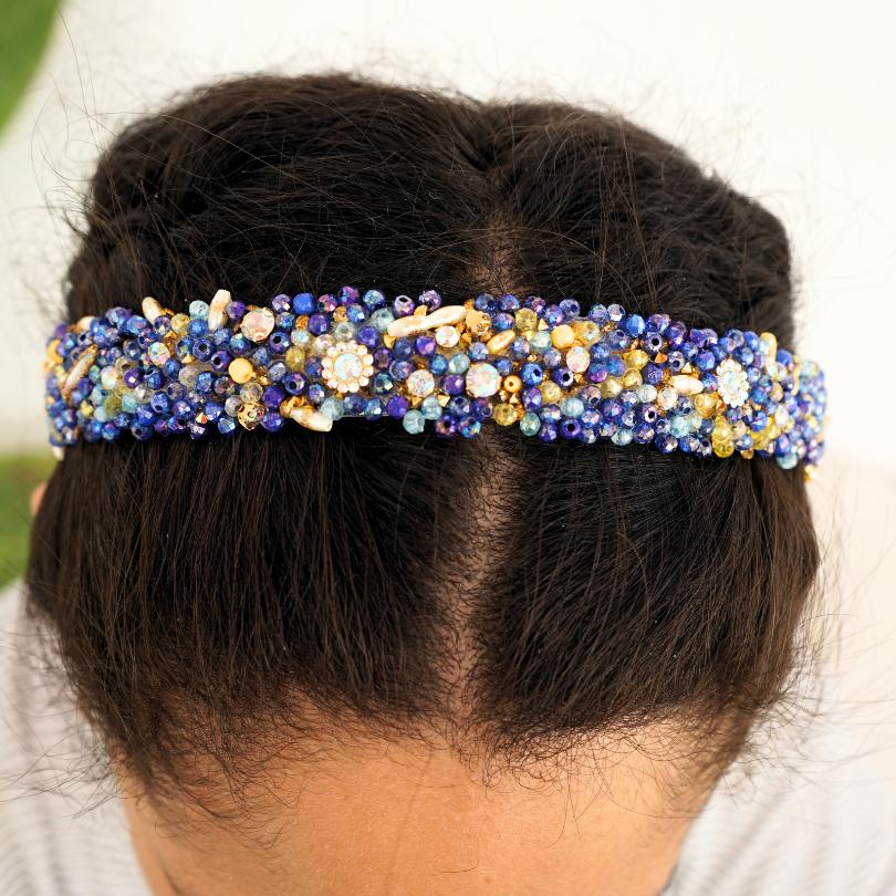 Bandeau cheveux de mariage couleur bleu avec des perles et Diamonds