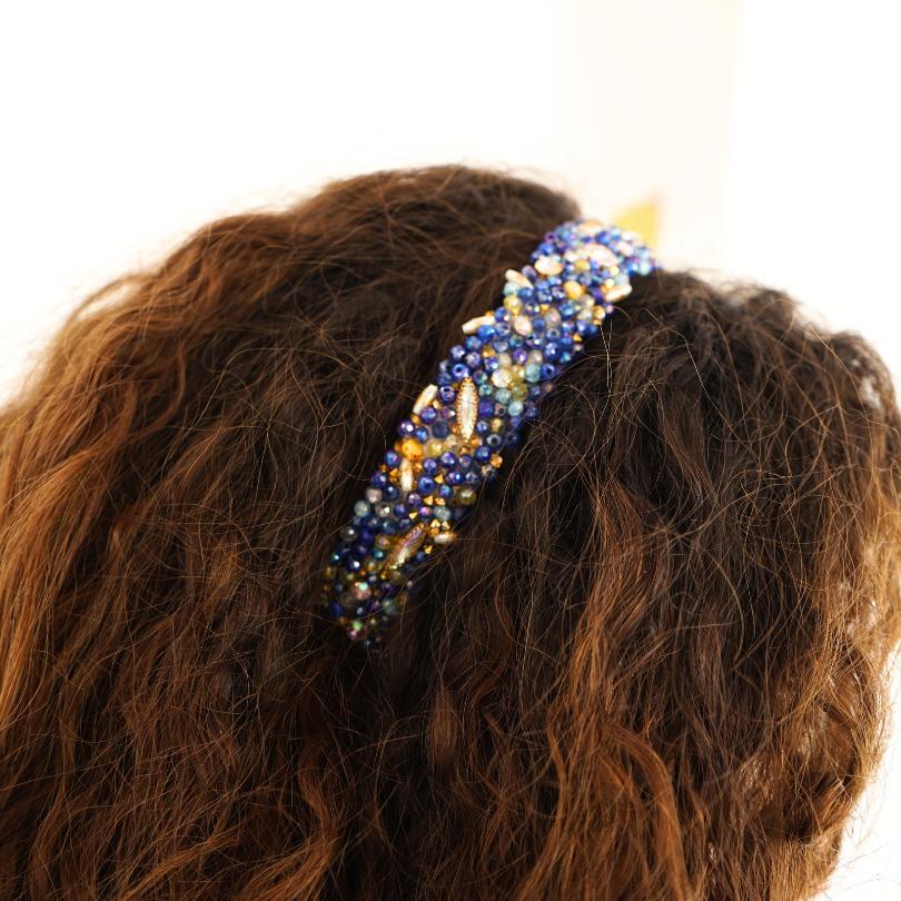 Bandeau cheveux de mariage couleur bleu avec des perles et Diamonds