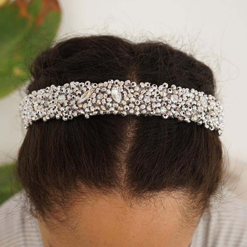 Bandeau cheveux de mariage couleur gris avec des perles et Diamonds