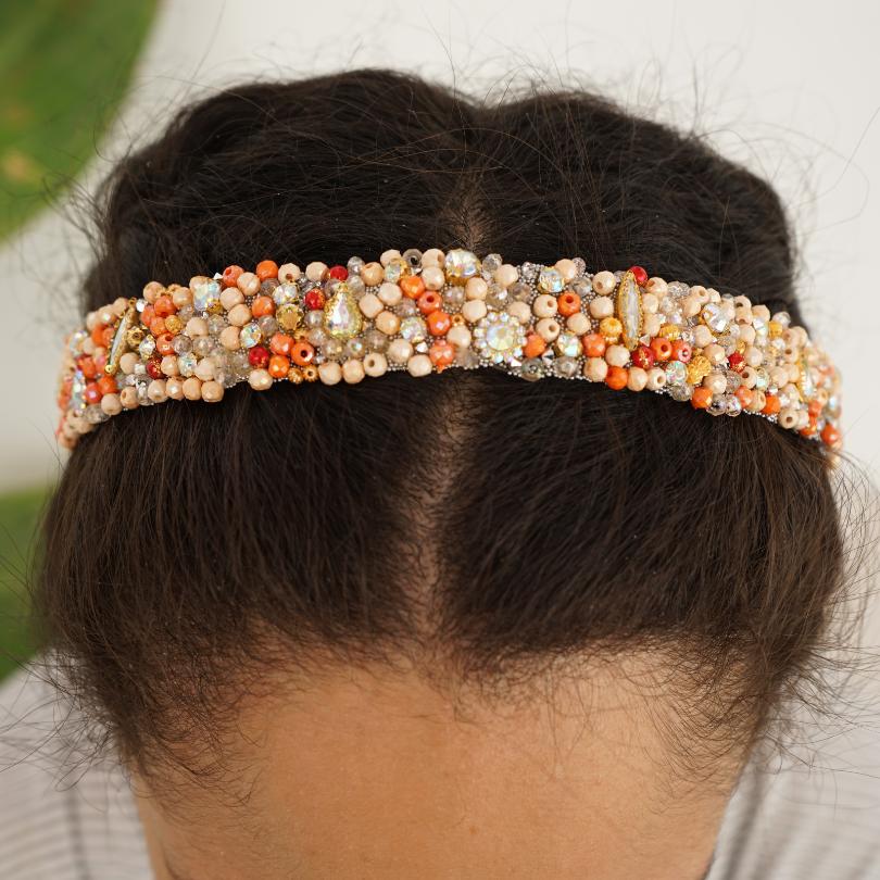 Bandeau cheveux de mariage couleur oronge avec des perles et Diamonds