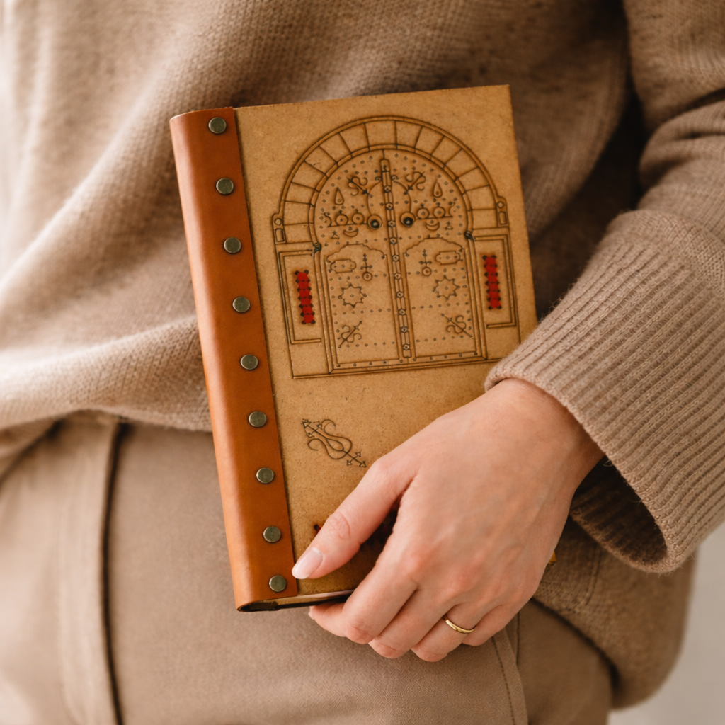 Bloc note en bois et cuir avec design porte rouge