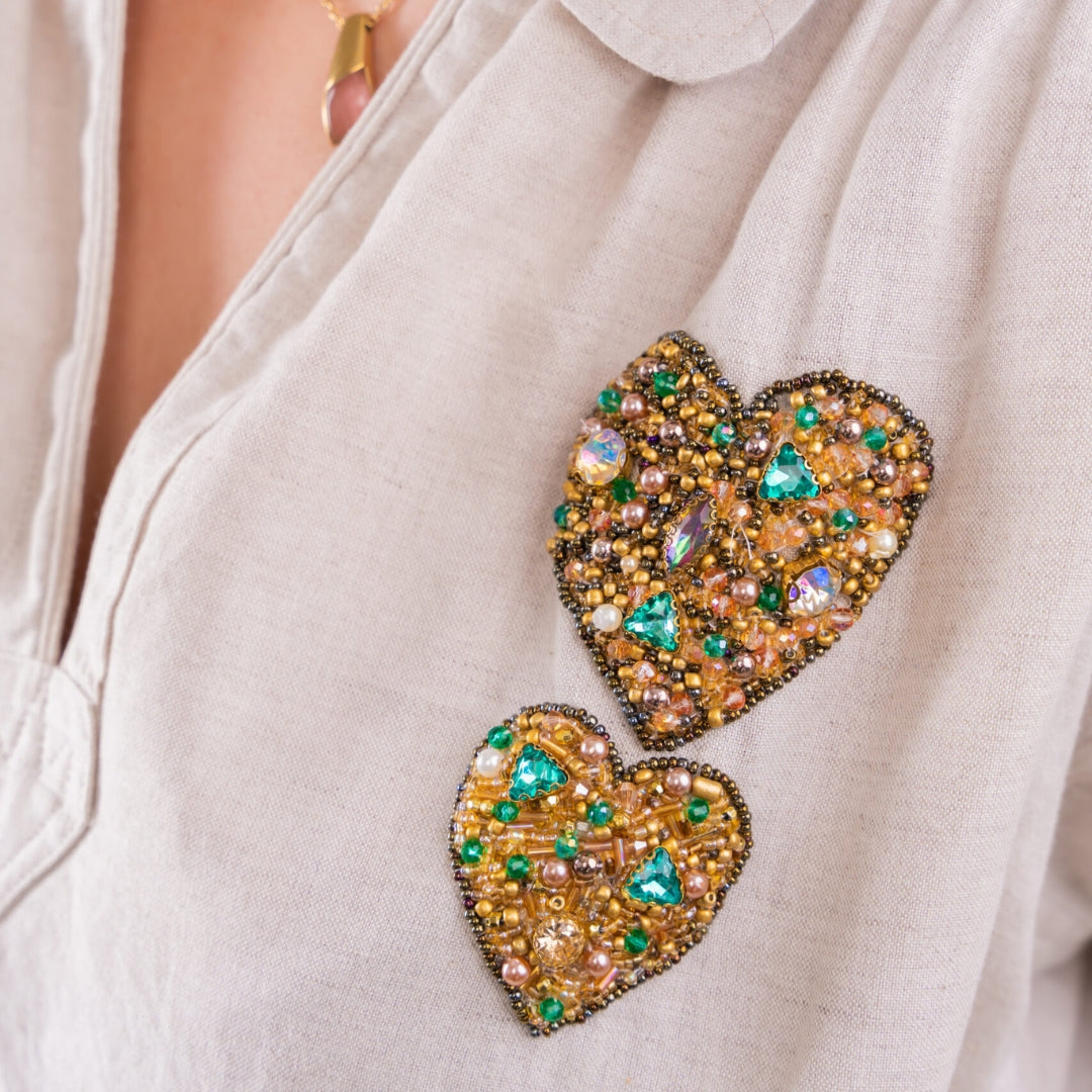 Blouza beige en lin brodée à la main avec manches 3/4