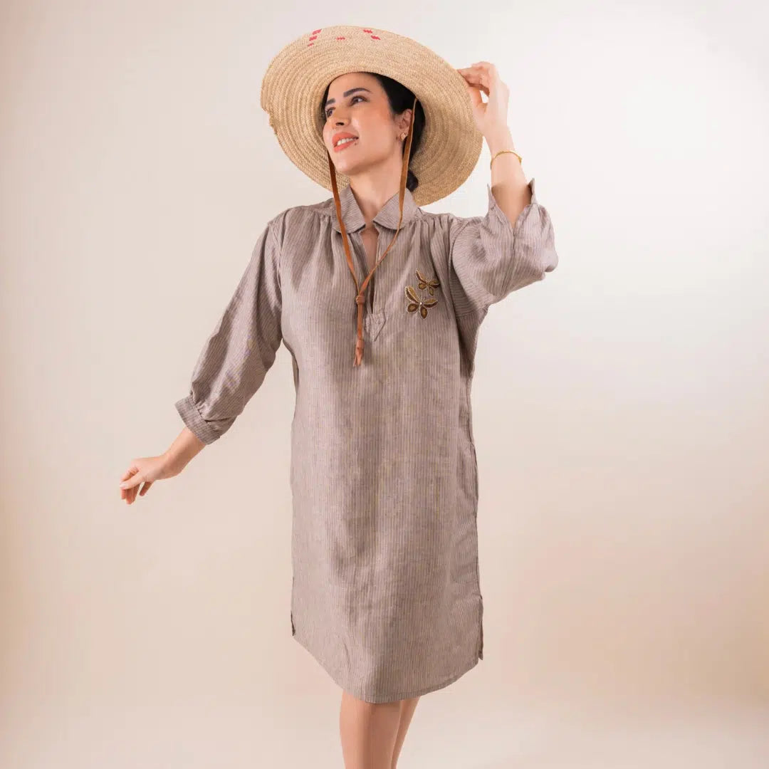 Blouza rayé marron en lin avec manches 3/4