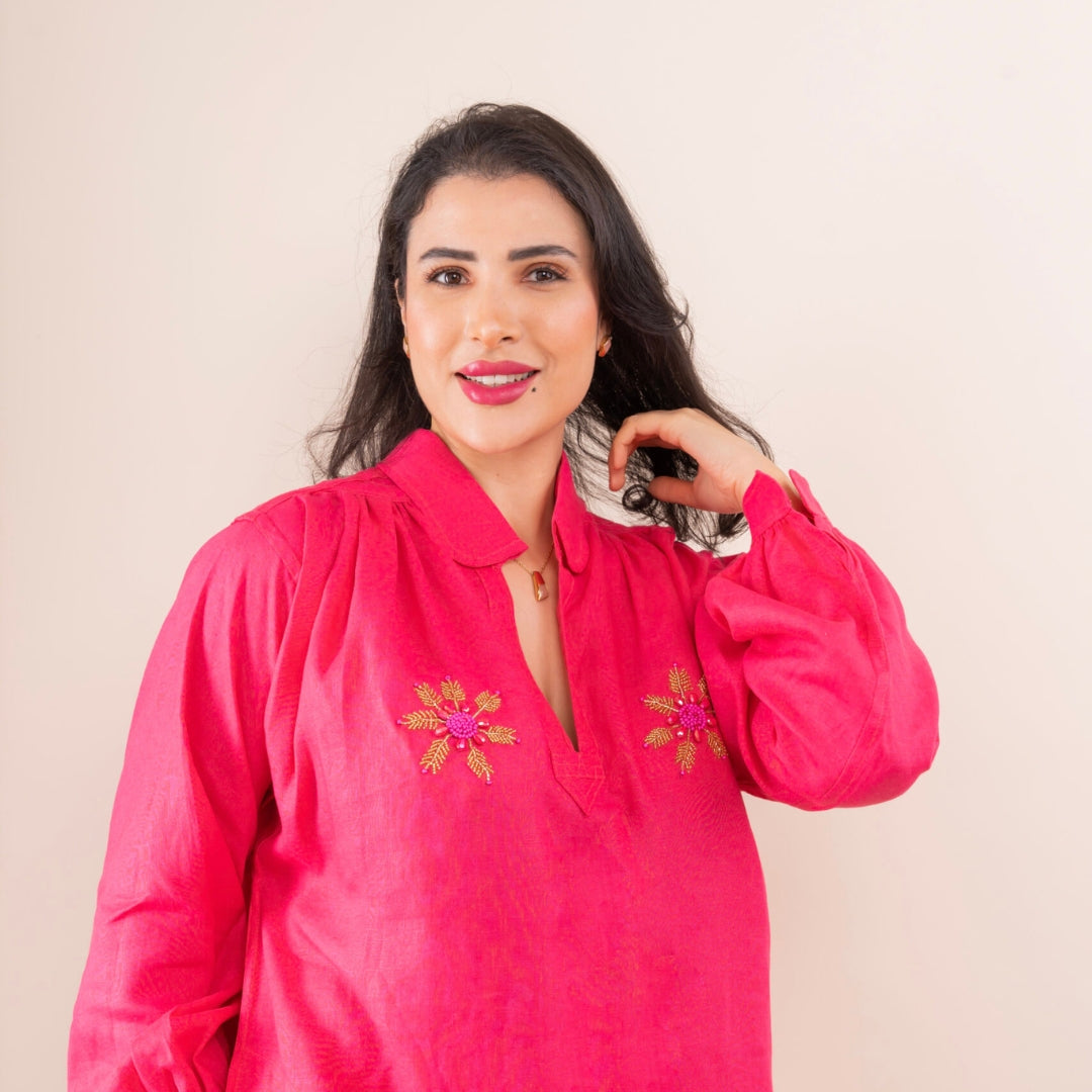 Blouza rose fuchsia en lin avec manches longues