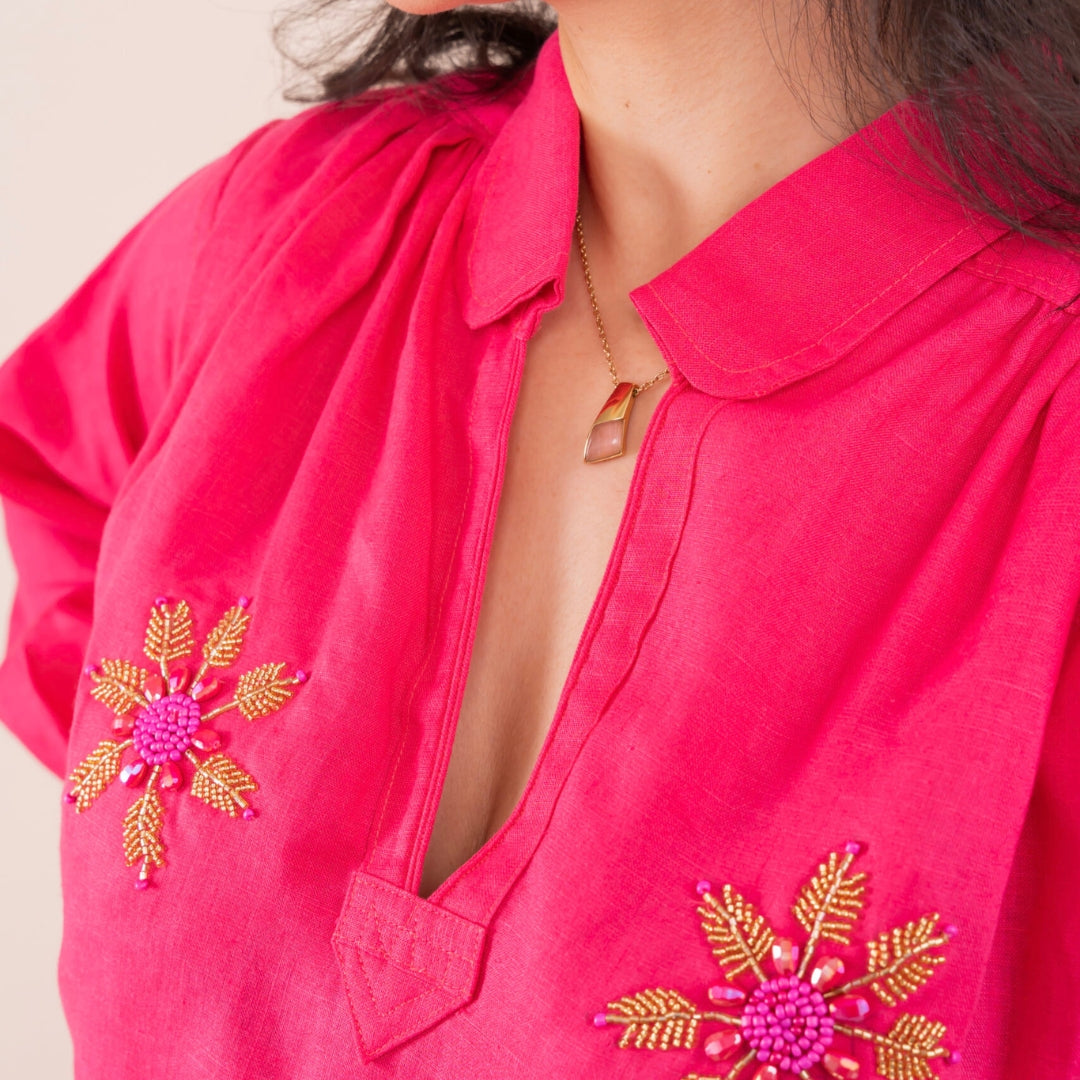 Blouza rose fuchsia en lin avec manches longues