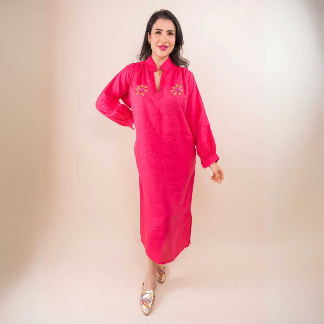 Blouza rose fuchsia en lin avec manches longues