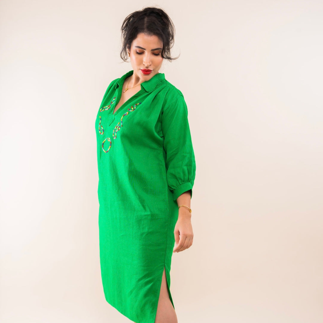 Blouza vert émeraude en lin avec manches 3/4
