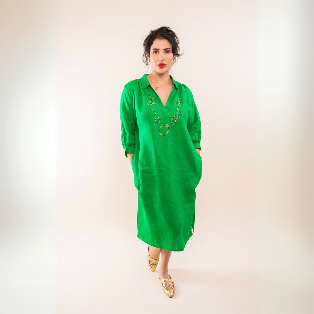 Blouza vert émeraude en lin avec manches 3/4