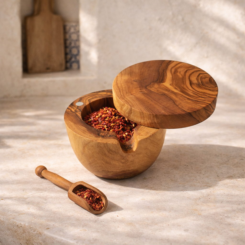 Boite à épice avec couvert en bois d'olive