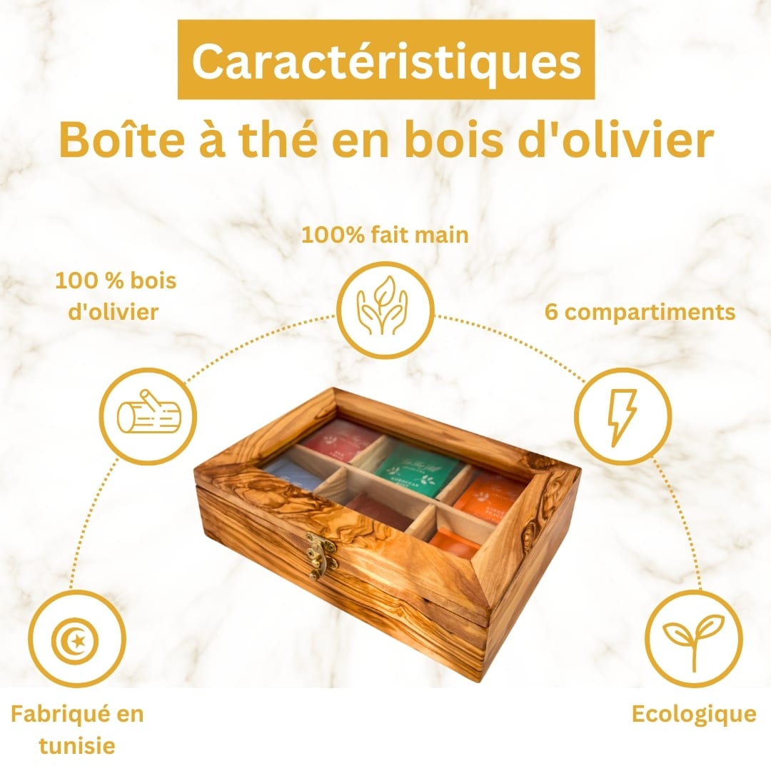 Boîte à thé en bois d'olivier, fait main avec 6 compartiments