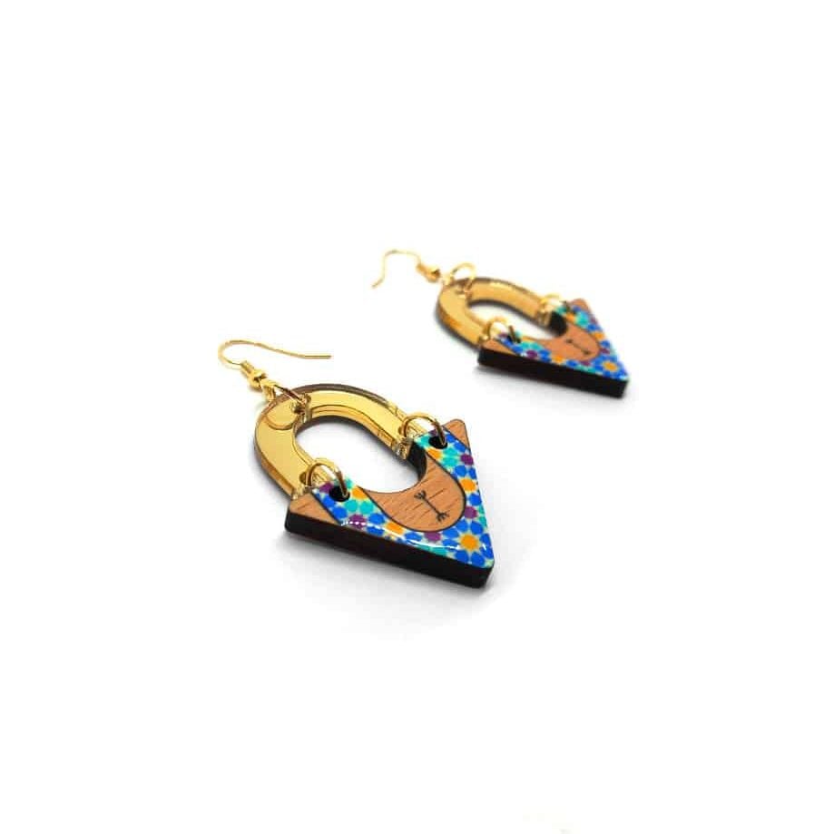 Boucles d'oreilles "Blu Ceramic" – Bois, Résine & Laiton Doré