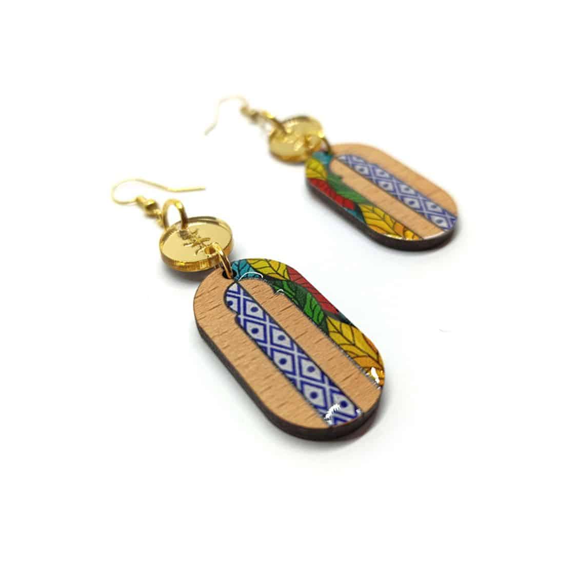 Boucles d'oreilles berbères Couleurs de la Medina en Bois, Résine et Laiton