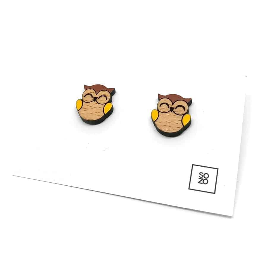 Boucles d'oreilles clous "Hibou" en bois