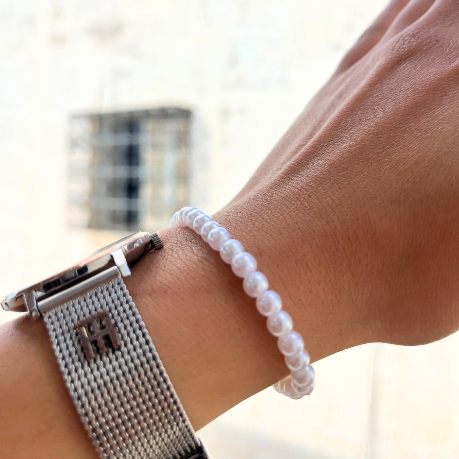 Bracelet Perles Blanches Unisexe, Fait Main