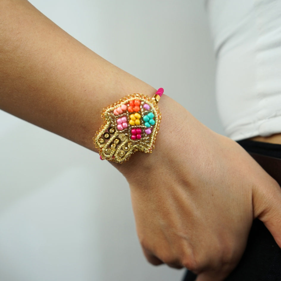 Bracelet Khamsa brodé multicolore