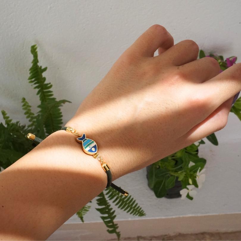 Bracelet Poisson bleu fait main en coudre vert