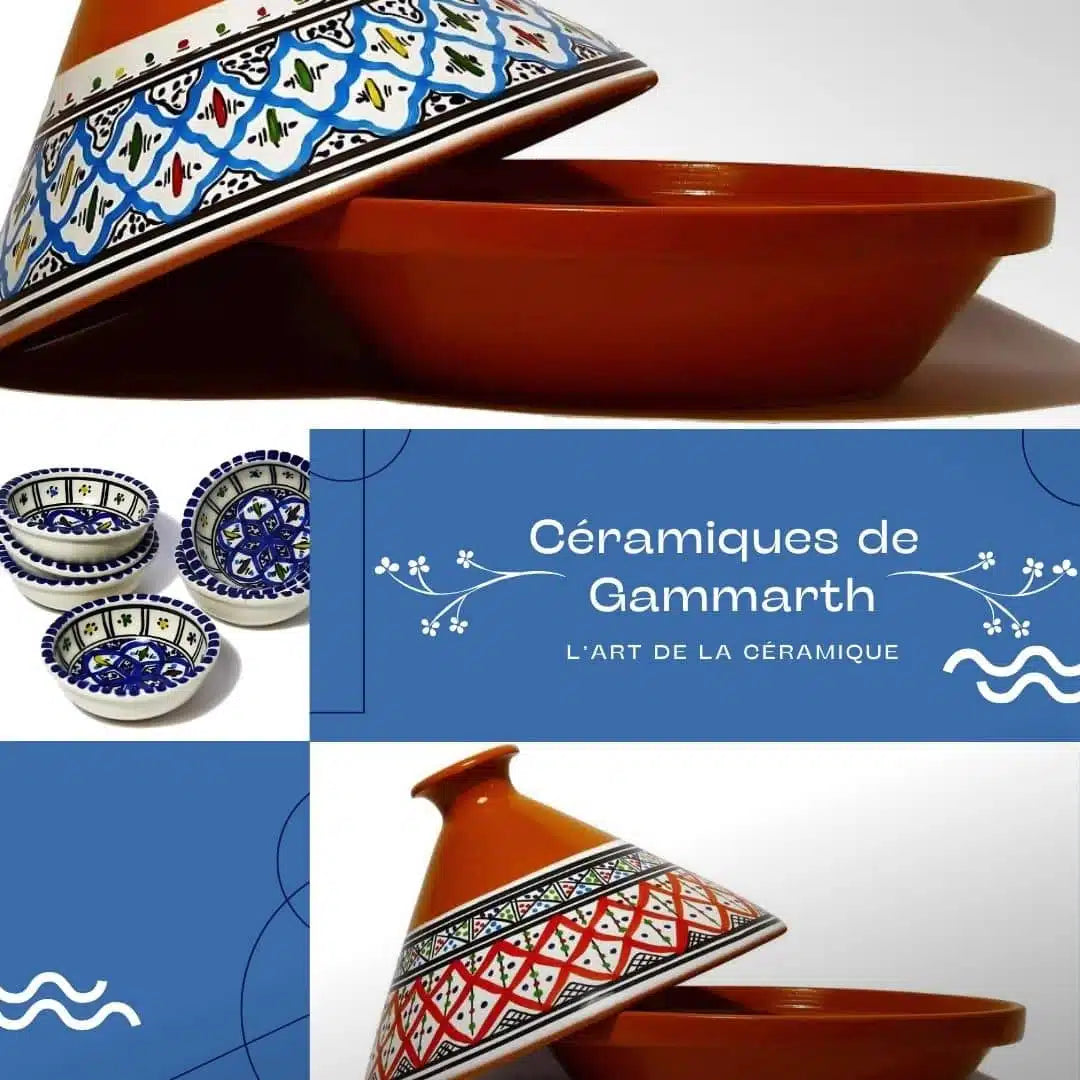 Tajine en céramique – Motif Papillon (Rouge, Bleu, Turquoise) (32 cm)