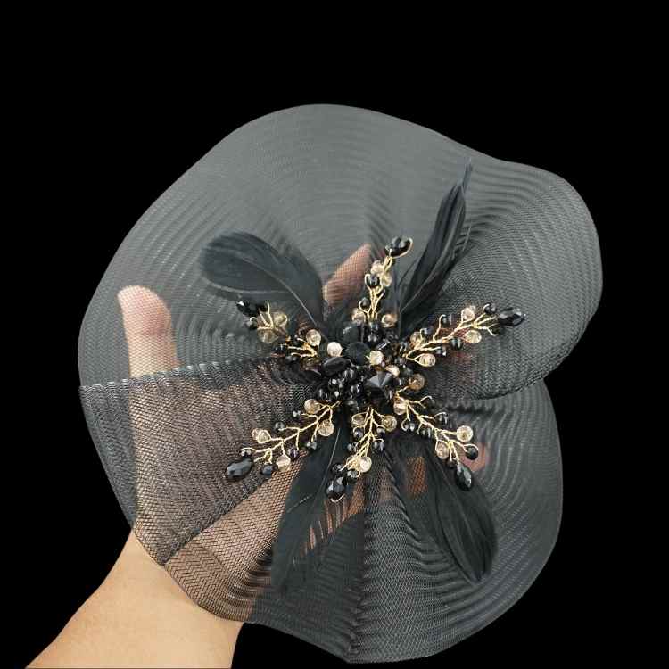 Broche Anglaise noire pour mariée, chapeau anglaise pour mariage, modèle choux, Accessoire de coiffure fleur satin et voilette