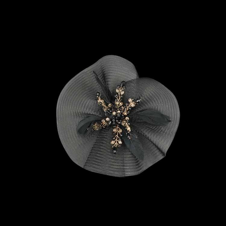 Broche Anglaise noire pour mariée, chapeau anglaise pour mariage, modèle choux, Accessoire de coiffure fleur satin et voilette