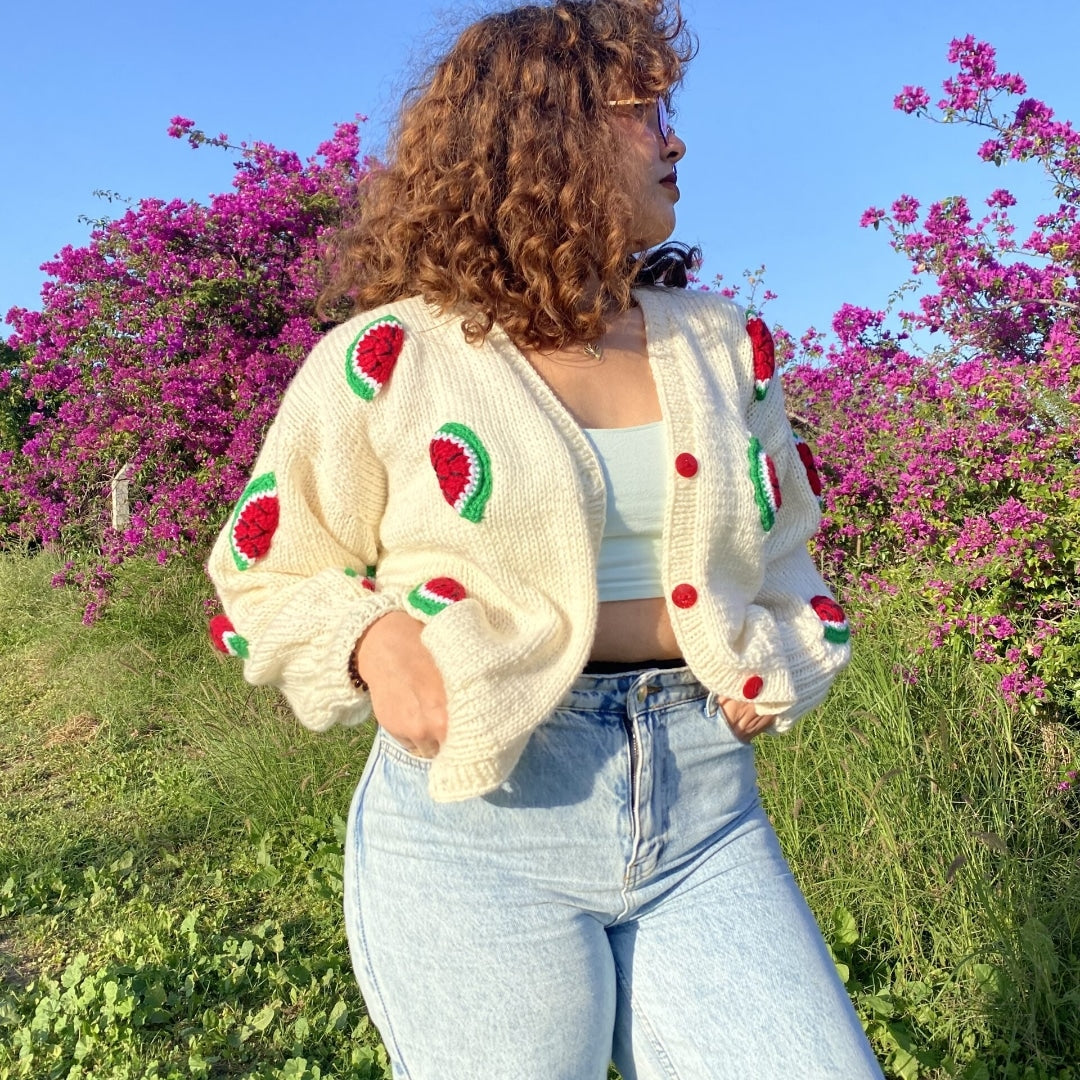 Cardigan oversize en laine avec pastèque – Fait à la main