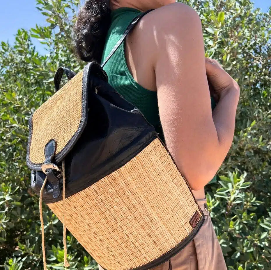 Cartable noir en jonc et cuir