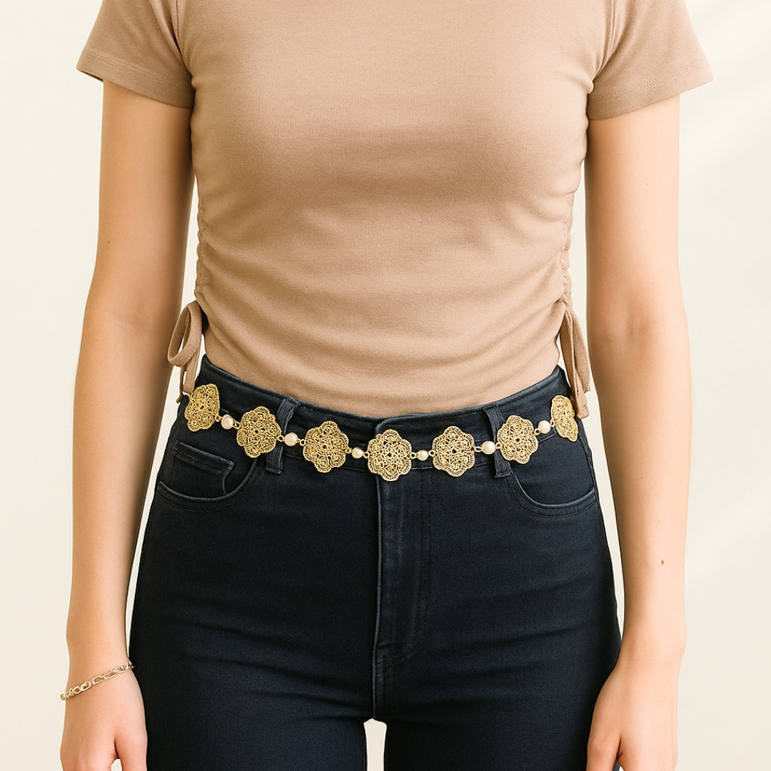 Ceinture dorée fleurie ajustable en acier inoxydable