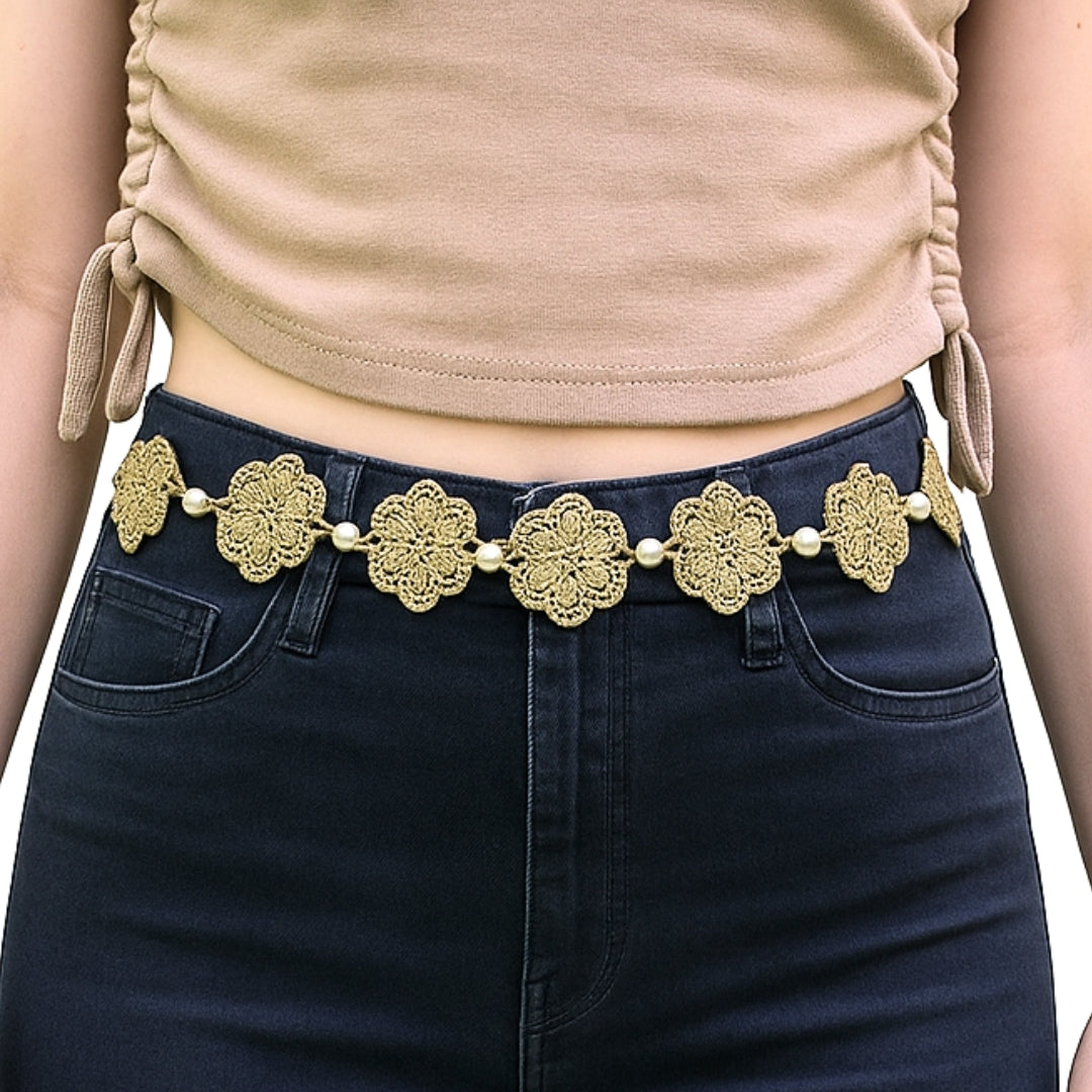 Ceinture dorée fleurie ajustable en acier inoxydable